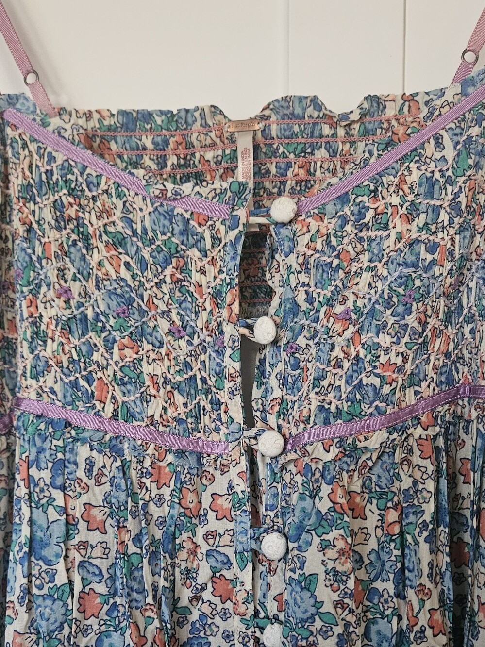 Free People Molly Jo Blue Floral Smocked Midi Dress - Picture 3 of 7